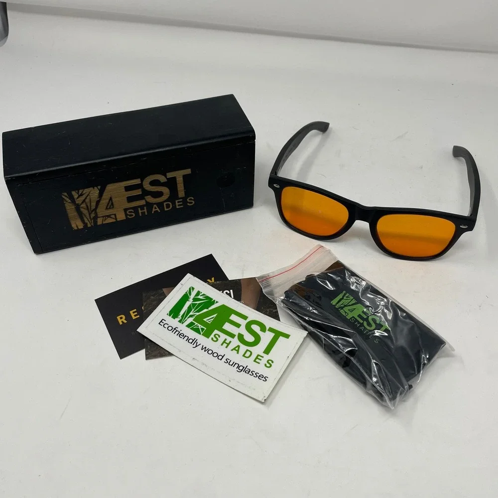 4EST Shades Eco-Friendly Wood Sunglasses Matte Black Orange Lens with Wood Box